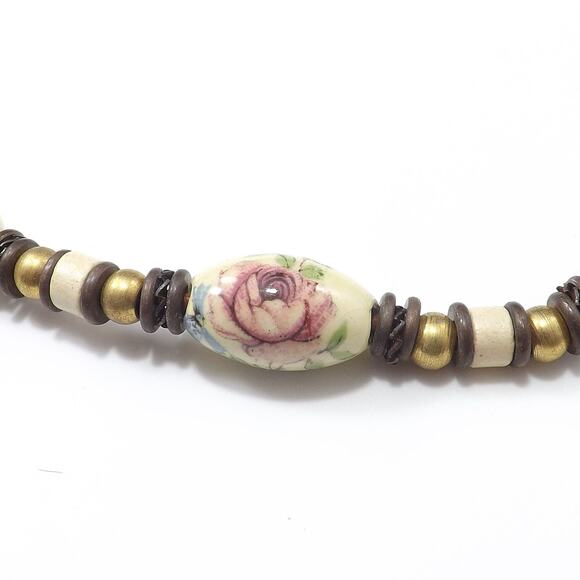 Vintage Porcelain Artisan Necklace, Floral Beads Leather, 1970s Vintage Jewelry - Picture 10 of 10